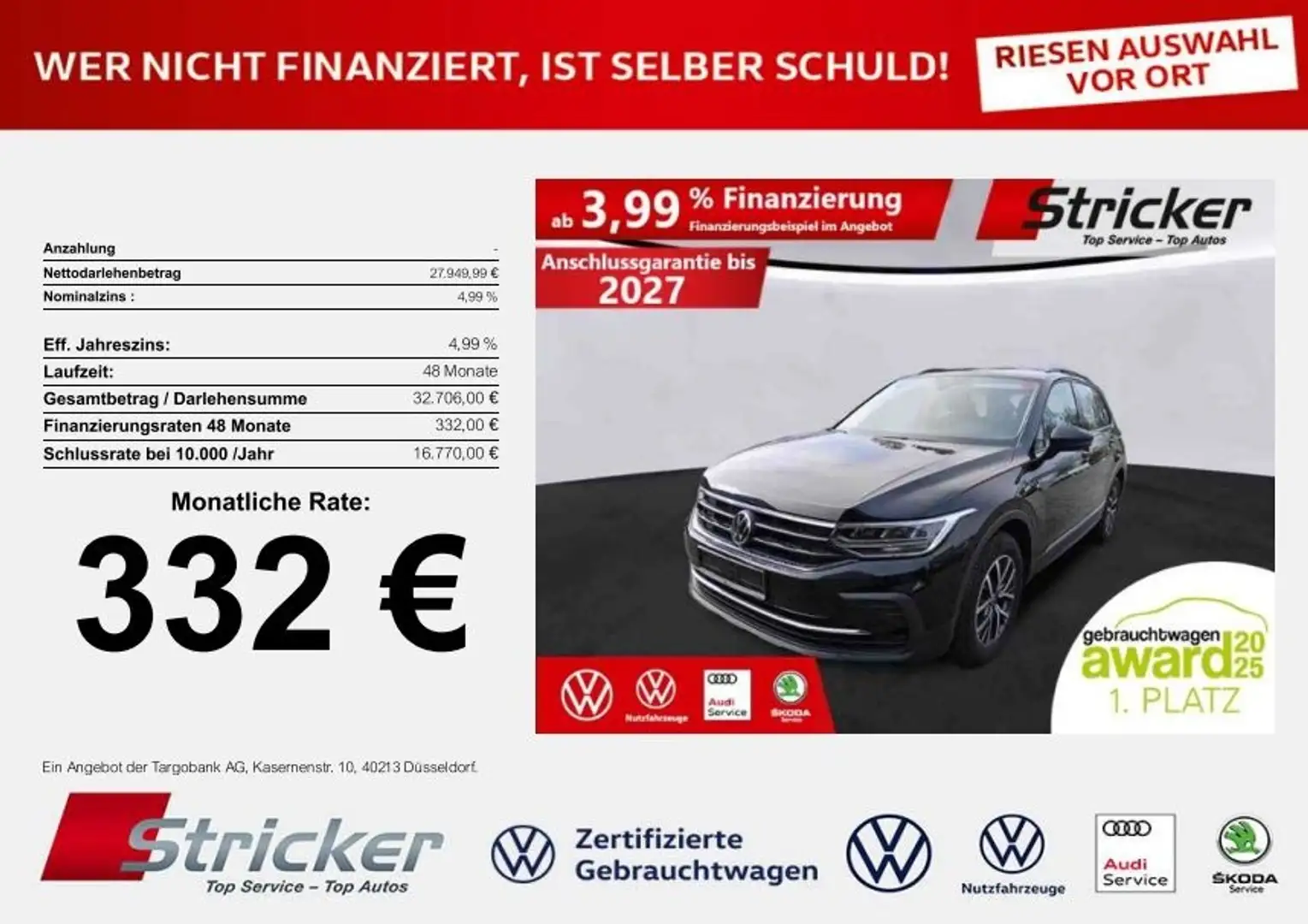 Volkswagen Tiguan Life 2.0TDI DSG 332,-ohne Anzahlung Navi AHK Kame Schwarz - 2