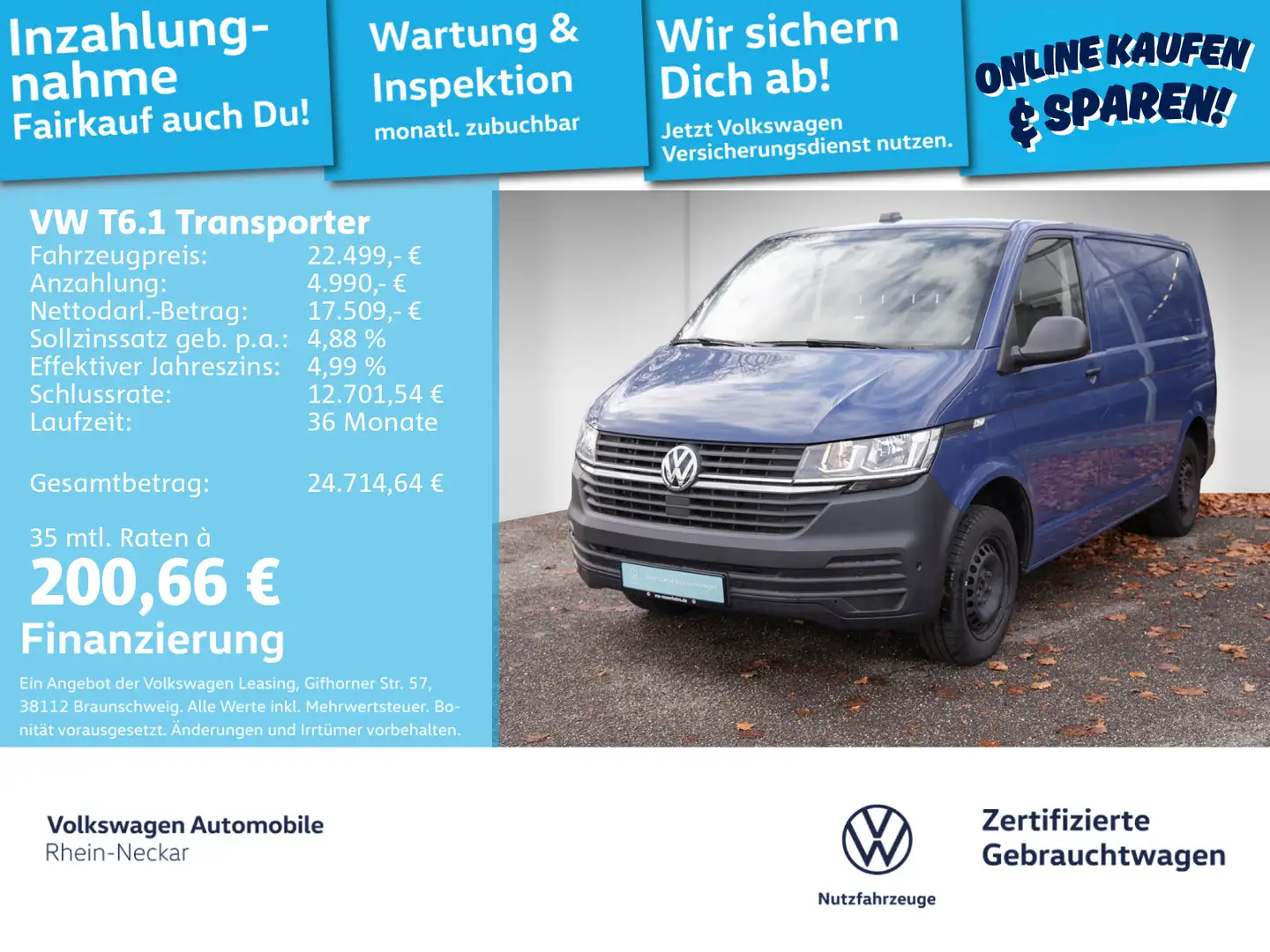 Volkswagen T6.1 Transporter T6.1 Kasten 2.0 TDI Automatik Kamera uvm Blau - 1
