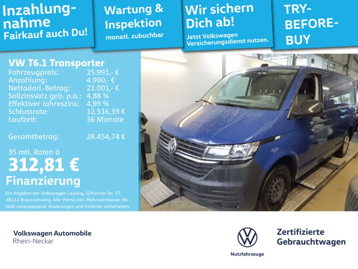 Volkswagen T6.1 Transporter T6.1 Kasten 2.0 TDI Automatik Kamera uvm Blau - 1