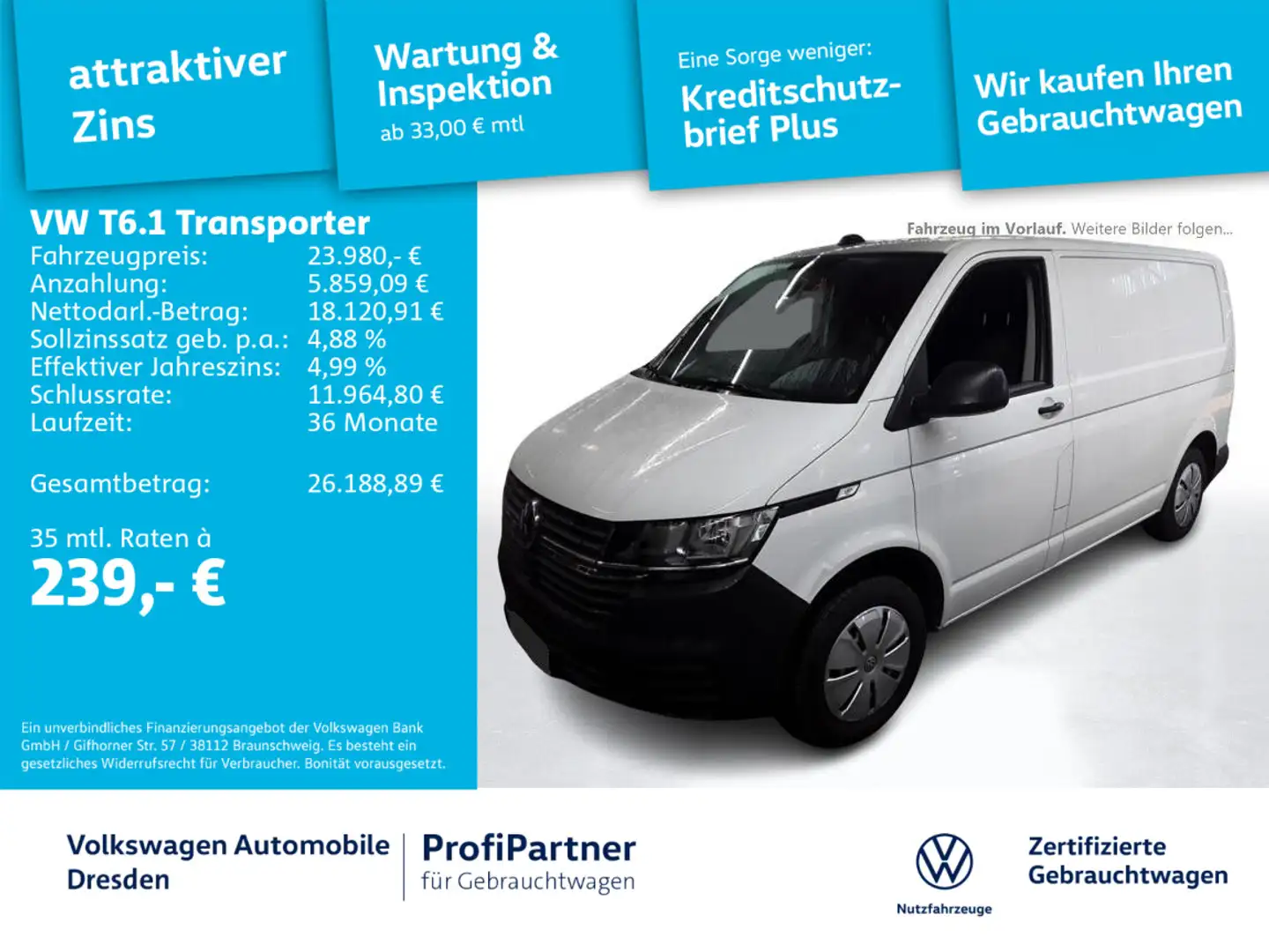 Volkswagen T6.1 Kasten 2,0 TDI KLIMA RADIO DAB+ HOLZBODEN Blanc - 1