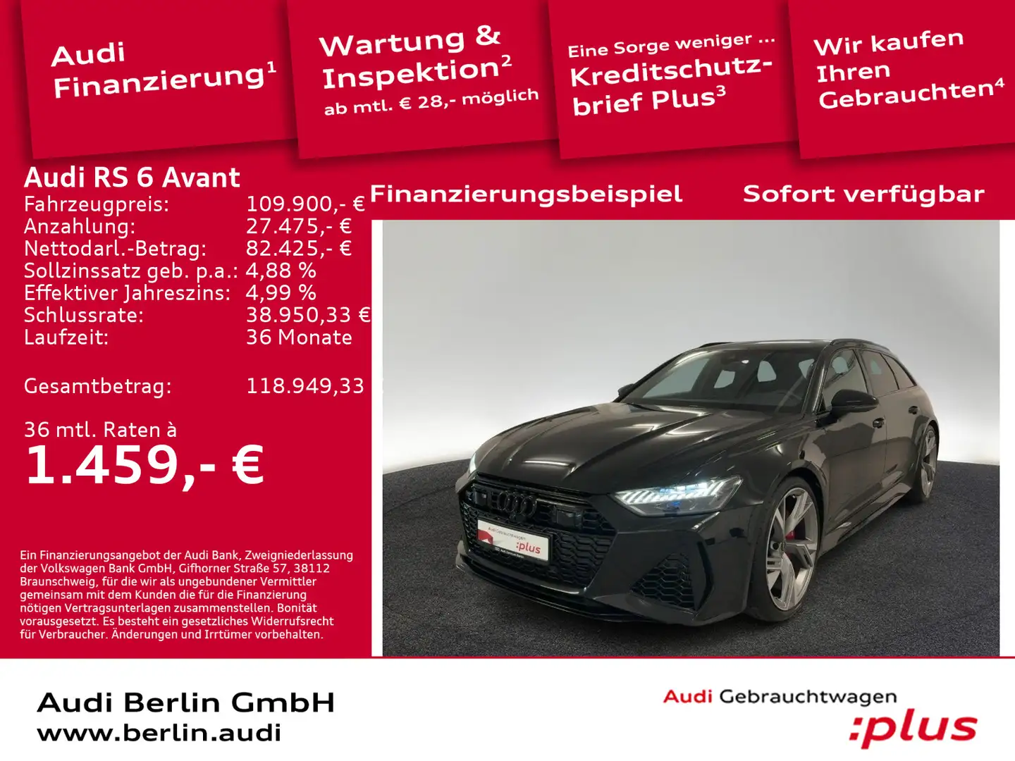 Audi RS6 tiptr. STDHZG MATRIX 360°K NAVI B&O Schwarz - 1