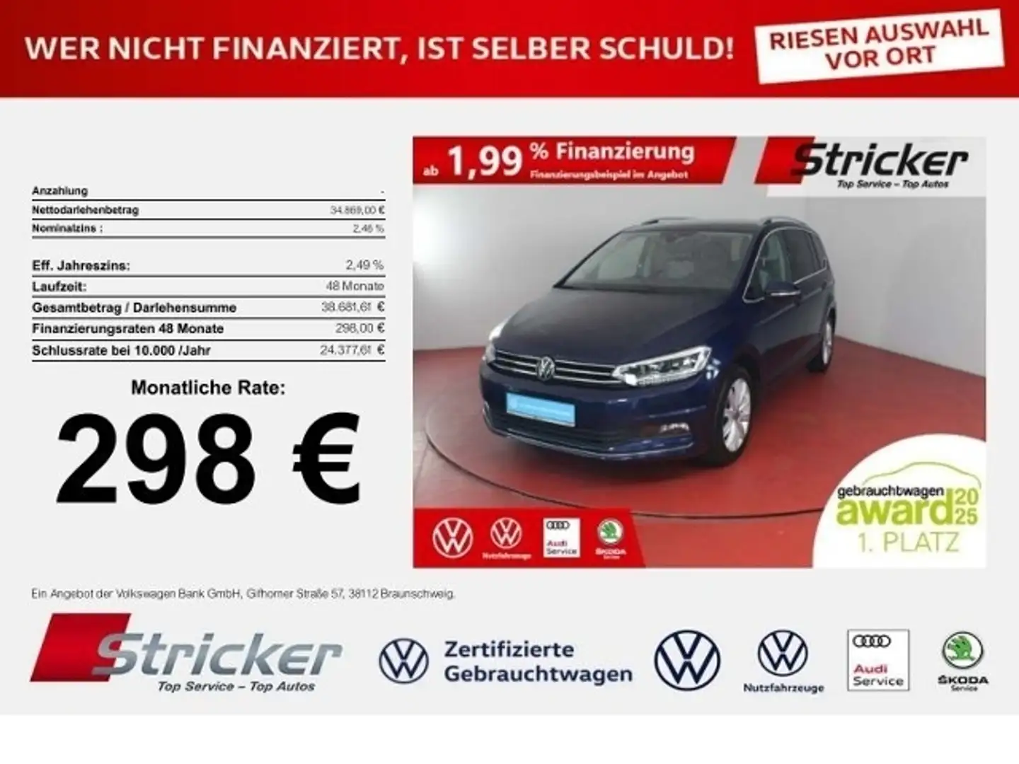 Volkswagen Touran Highline 2.0TDI DSG 298,-ohne Anzahlung AHK 7-Sit Blau - 1