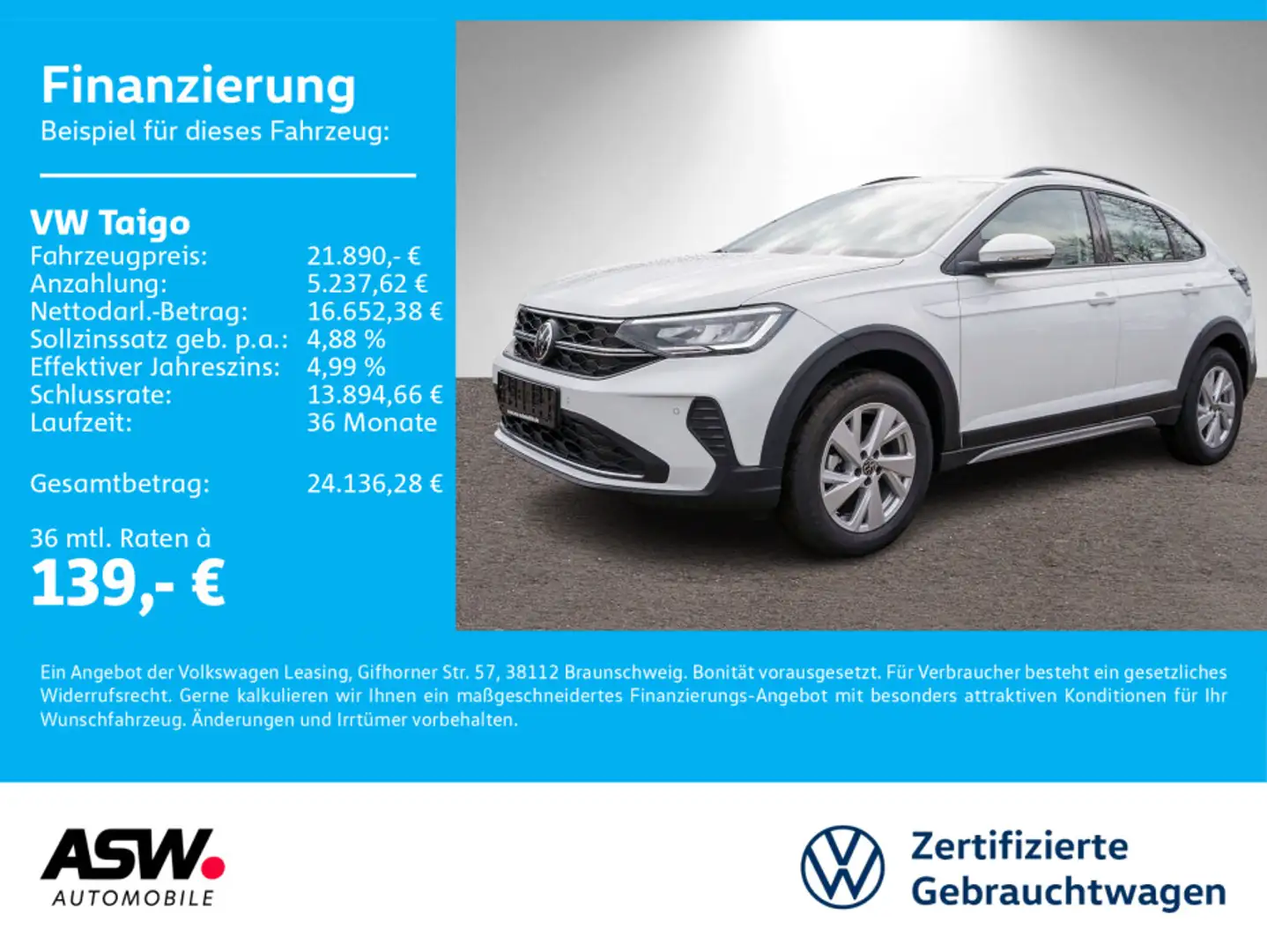 Volkswagen Taigo Life 1,0 TSI OPF DSG LED NAVI SHZ ACC Weiß - 1