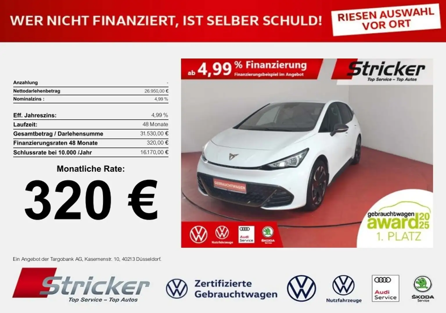 CUPRA Born 170/77 320,-ohne Anzahlung Navi ACC Kamera Weiß - 1