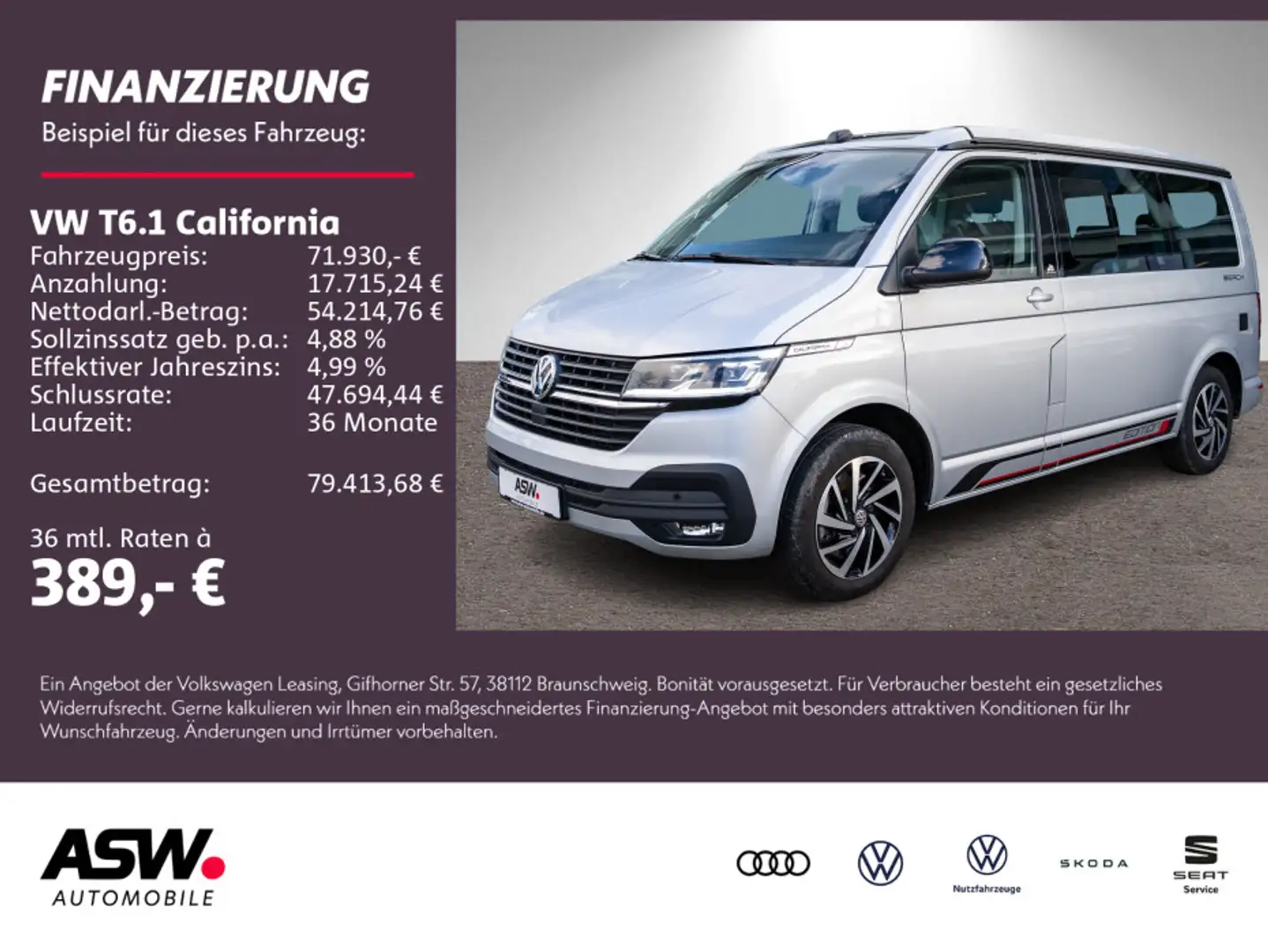 Volkswagen T6.1 California Beach 2.0 TDI 4M Camper Editon Silber - 1