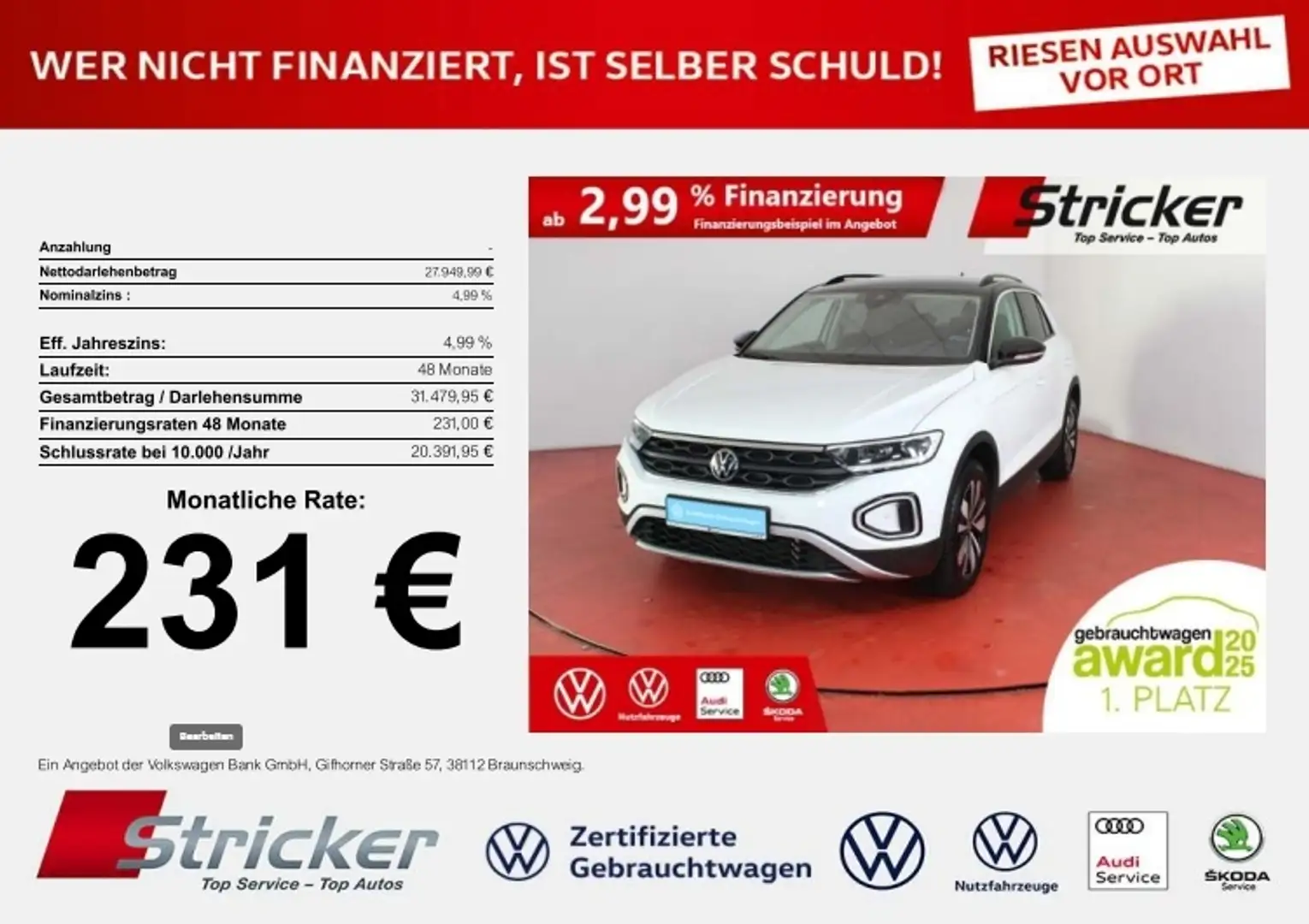 Volkswagen T-Roc Goal 2.0 TDI DSG 231,-ohne Anzahlung Navi AHK Kam Weiß - 1