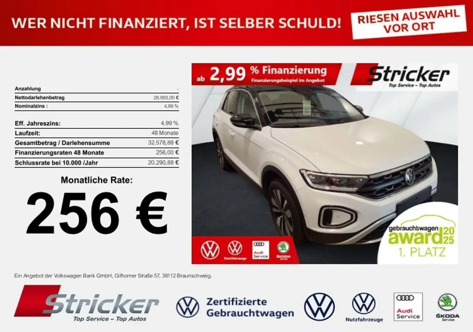 Volkswagen T-Roc Goal 2.0 TDI DSG 256,-ohne Anzahlung Navi AHK Kam Weiß - 2