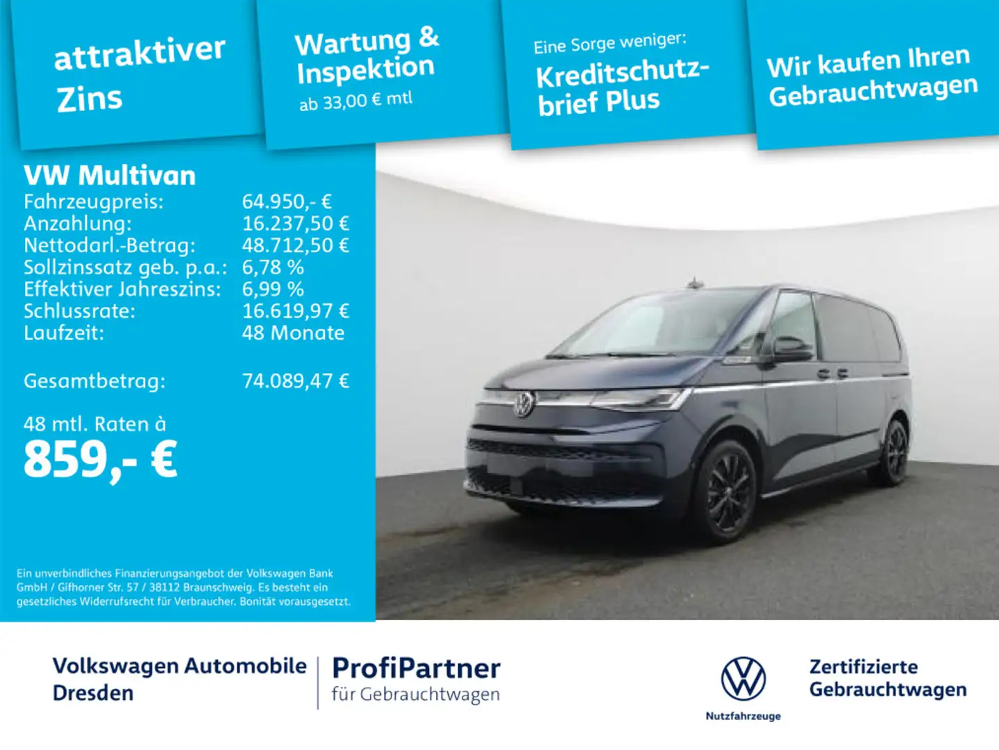 Volkswagen T7 Multivan T7 Multivan Style HYBRID 4M IQ-LED NAV ACC AHZV Blau - 1