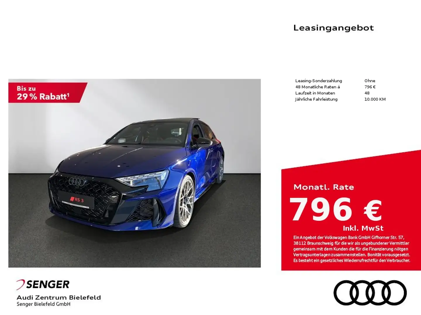 Audi RS3 Sportback 280km/h Panorama Navi Memory LED Bleu - 1
