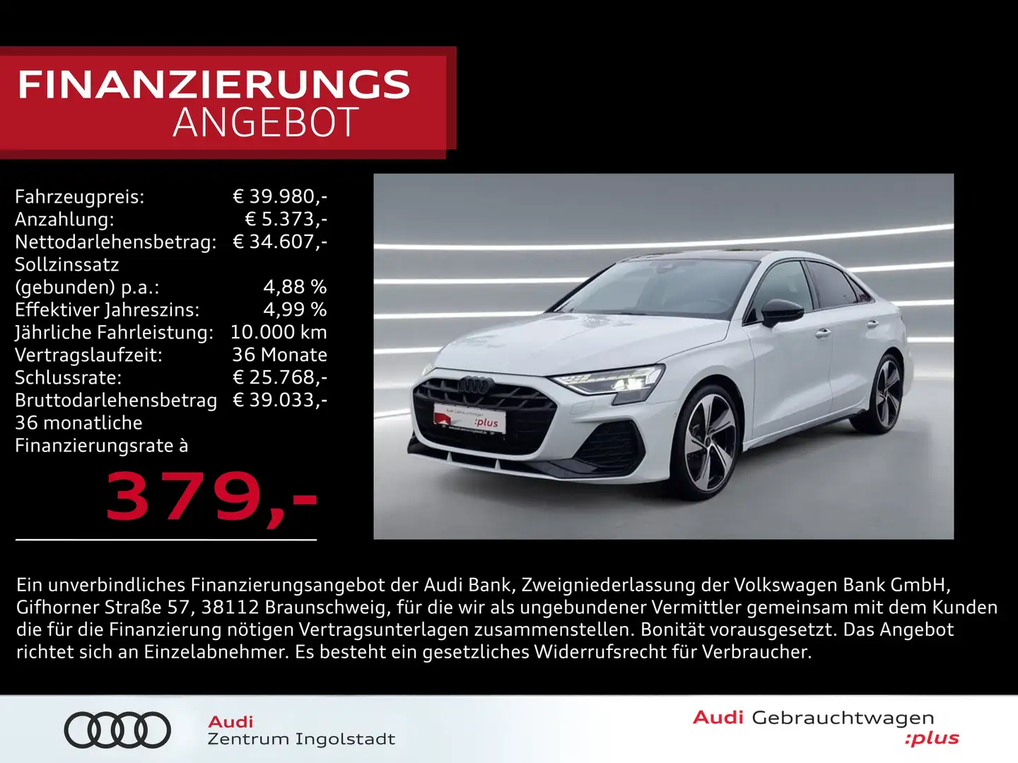Audi A3 Limousine 35 TFSI 2x S line MATRIX HuD SONOS S lin Weiß - 1