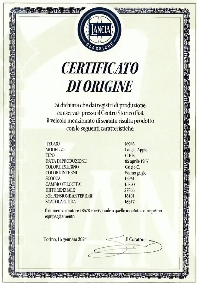 Lancia Appia C10S - II serie - CRS - Certificato d'origine Lancia, foto 12