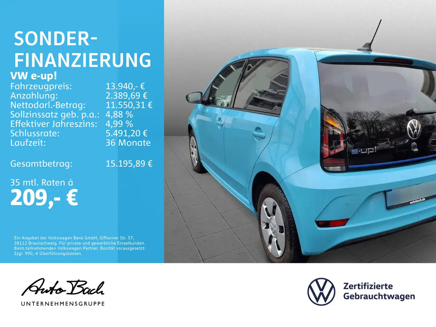 Volkswagen e-up! Style, Rückfahrkamera, Klima, Telefonschni Blau - 2