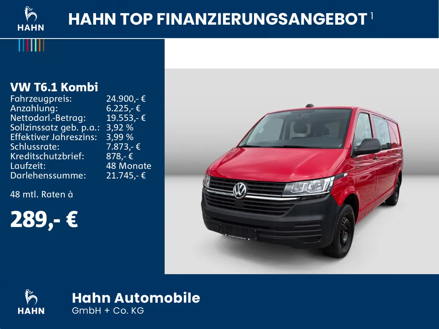 Volkswagen T6.1 Kombi 2.0 TDI EcoProfi L2H1 Climatic PDC AH Rot - 2