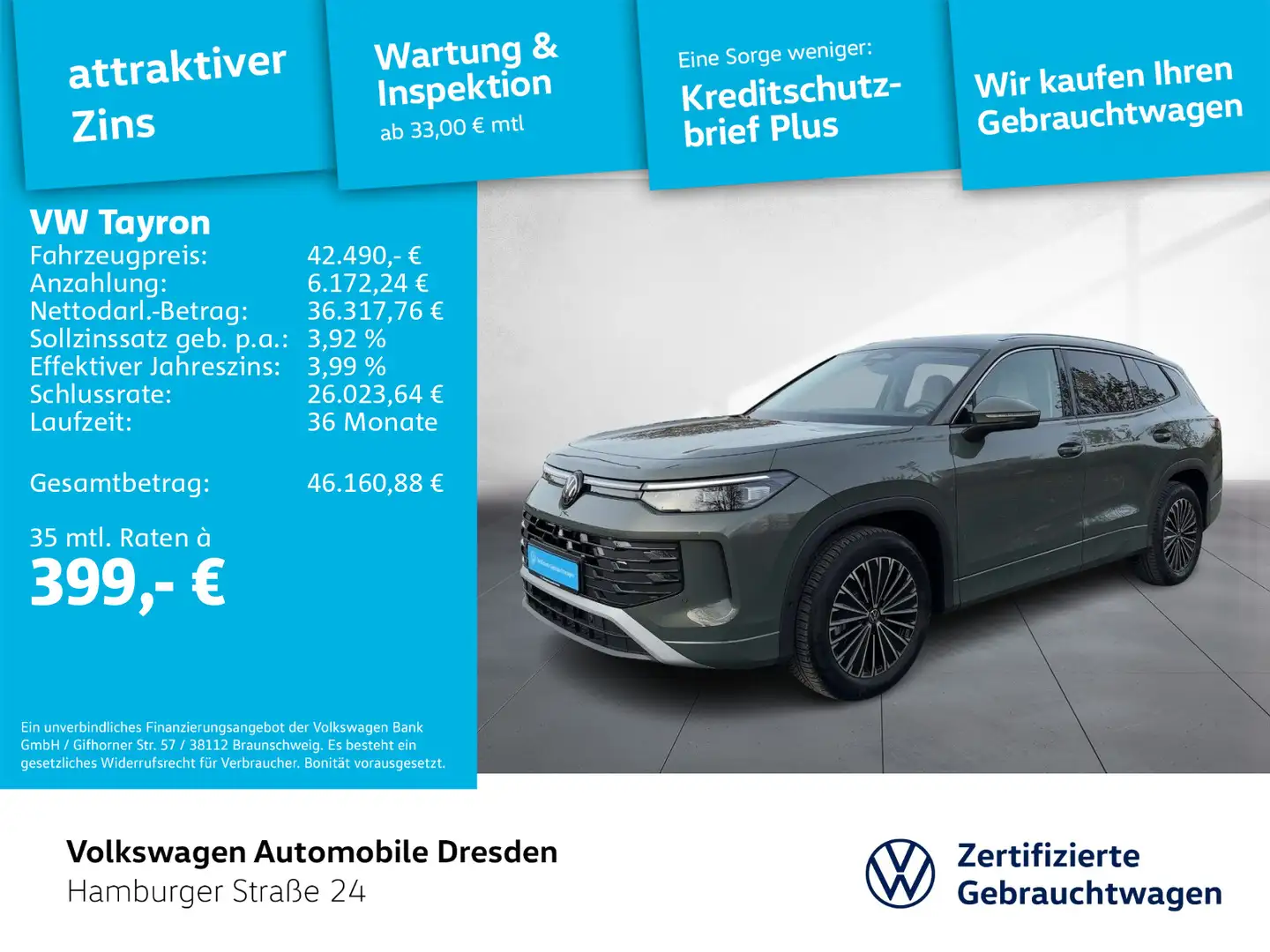 Volkswagen Tayron Elegance 1.5 eTSI DSG AHZV KAM PARKASSIST Grün - 1