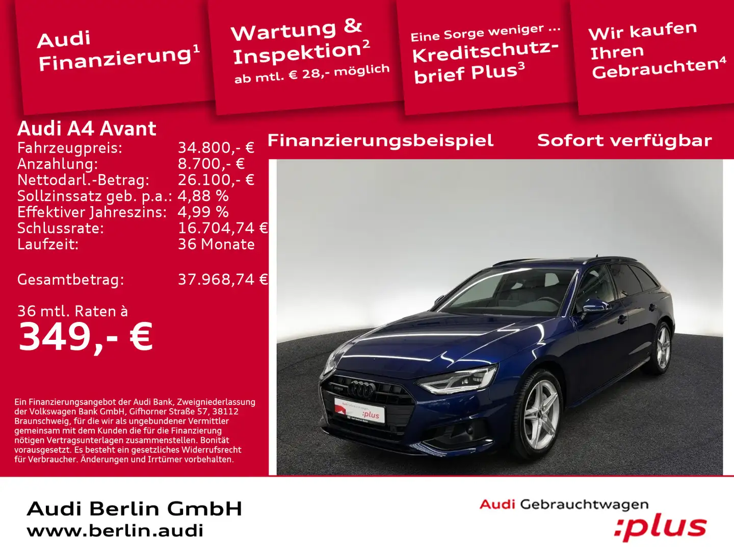 Audi A4 Advanced 40 TDI qu. S tr. PDC RFK NAVI Blau - 1