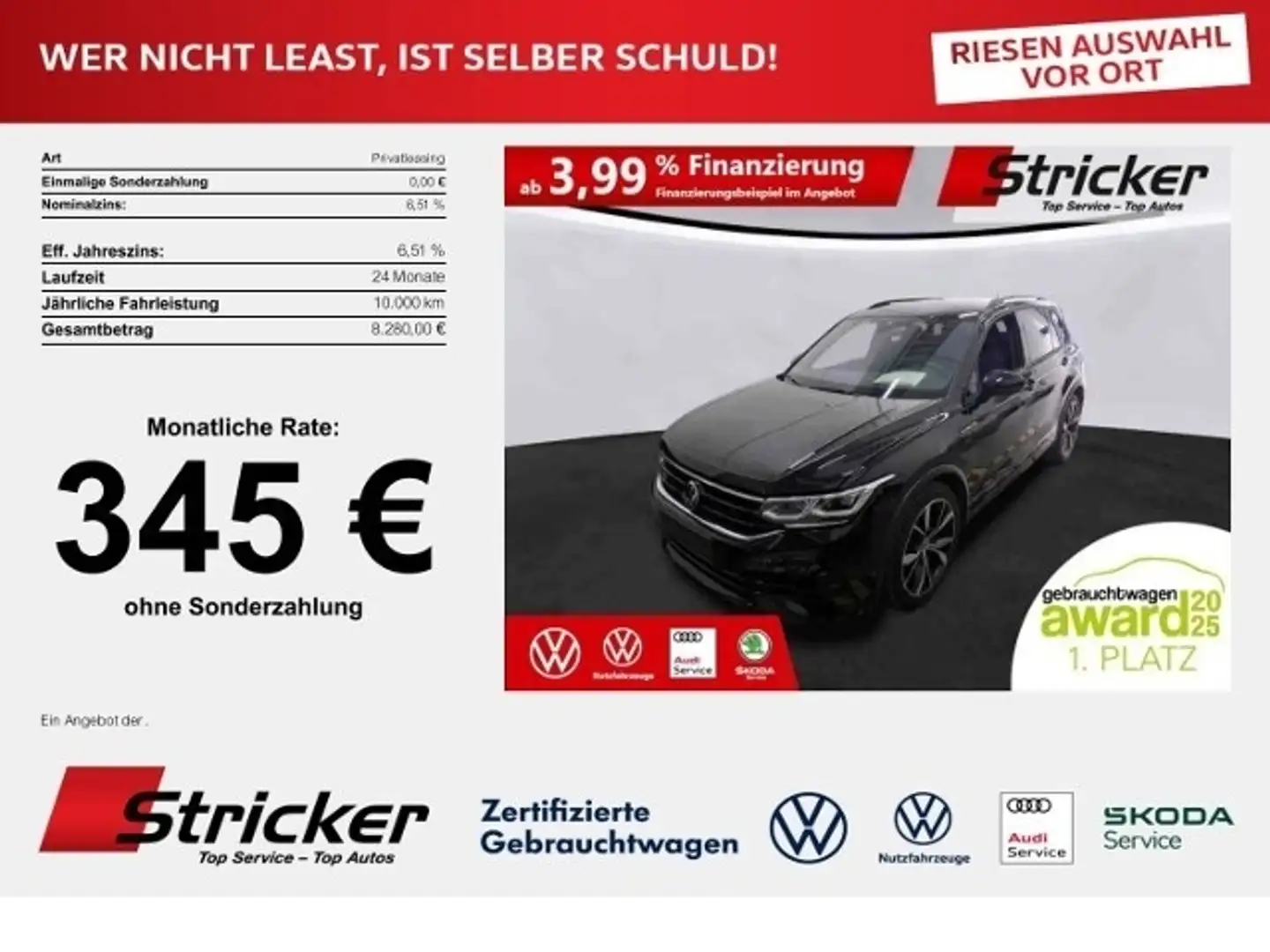 Volkswagen Tiguan R Black Style 2.0TSI 345,-ohne Anzahlung Navi Kam Schwarz - 1