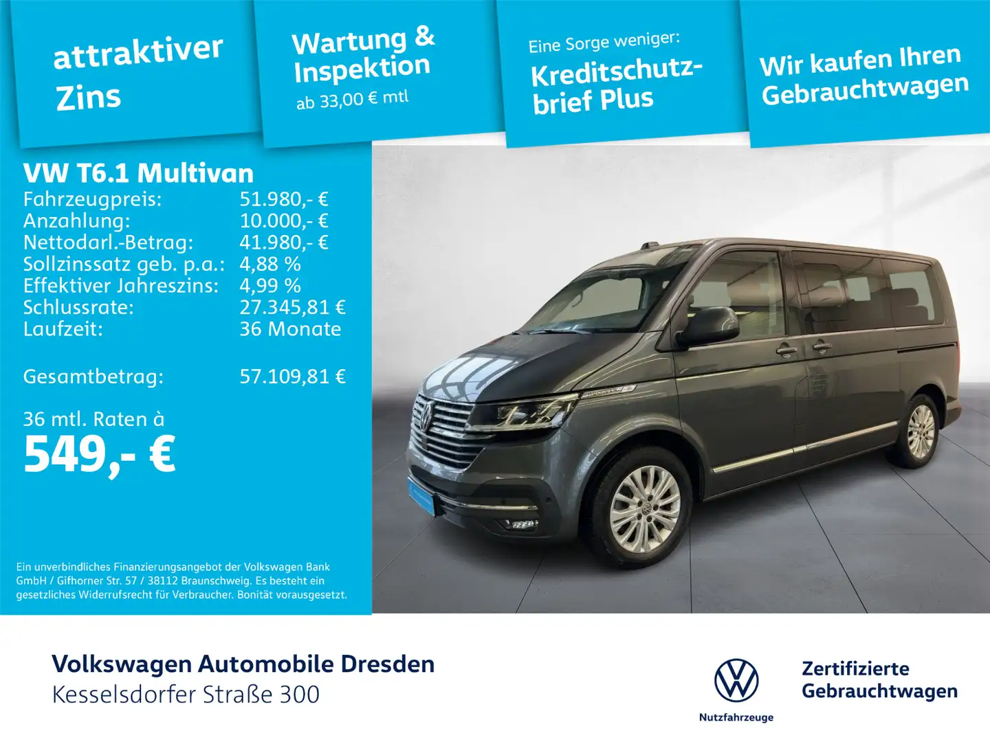 Volkswagen T6.1 Multivan 2.0 TDI DSG 4M ACC AHZV LED Navi Grau - 1