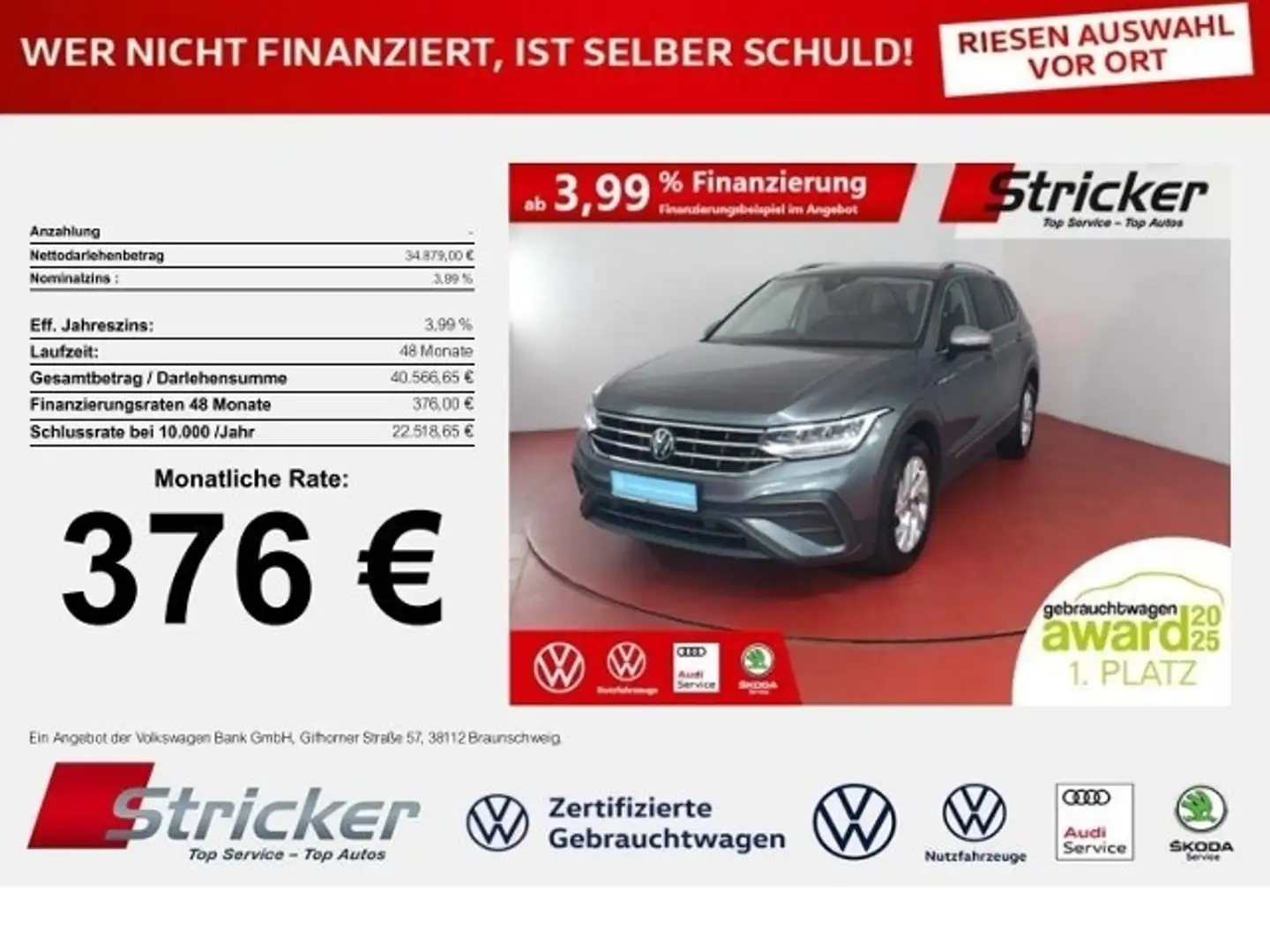 Volkswagen Tiguan Allspace Life 1.5TSI DSG 376,-ohne Anzahlung 7-Sitzer AHK Grau - 1