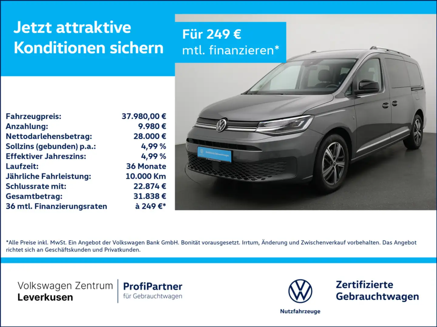 Volkswagen Caddy Style VIRT LEDER AHK KAM PDC SHZ CARPLAY Schwarz - 1