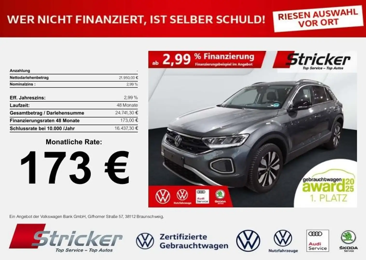 Volkswagen T-Roc GOAL 1.0TSI 173,-ohne Anzahlung Navi Travel Grau - 2