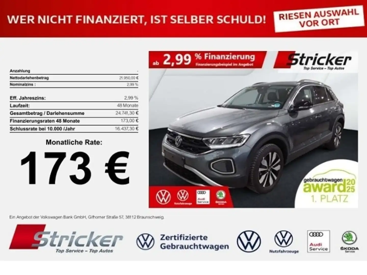 Volkswagen T-Roc GOAL 1.0TSI 173,-ohne Anzahlung Navi Travel Grau - 1