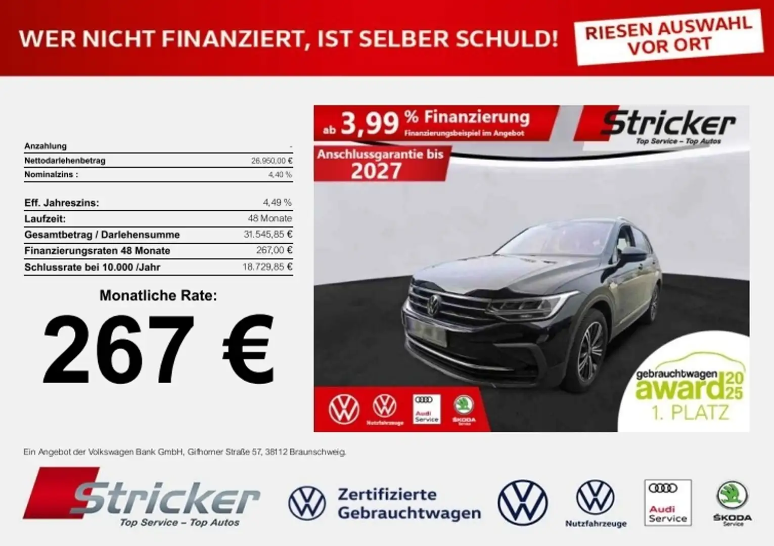 Volkswagen Tiguan Active 1.5 TSI DSG 267,-ohne Anzahlung Navi Kamer Schwarz - 1