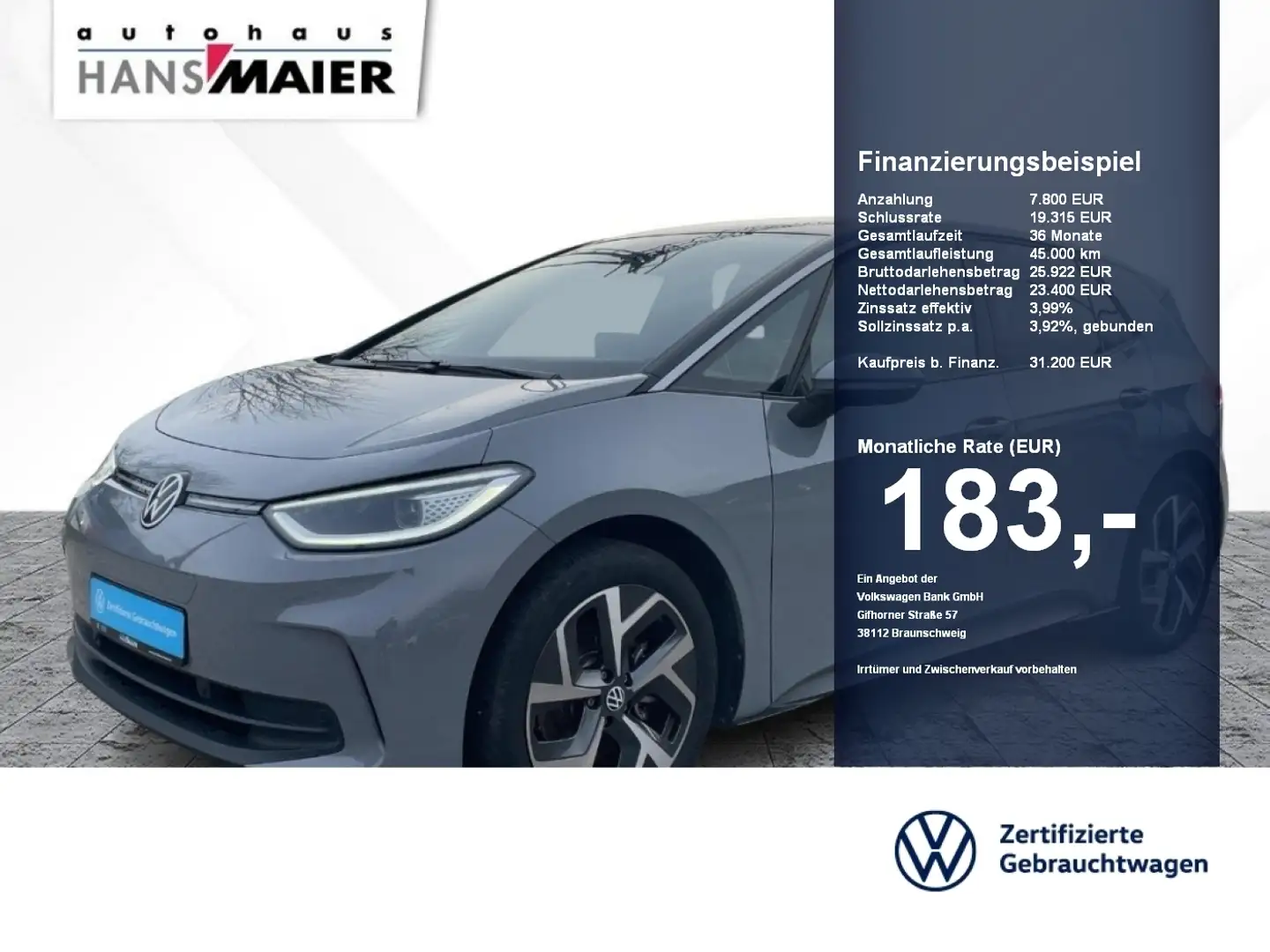 Volkswagen ID.3 .3 Pro Navi Kam ACC LED SH AHK 8fach 91%Akku Grau - 1
