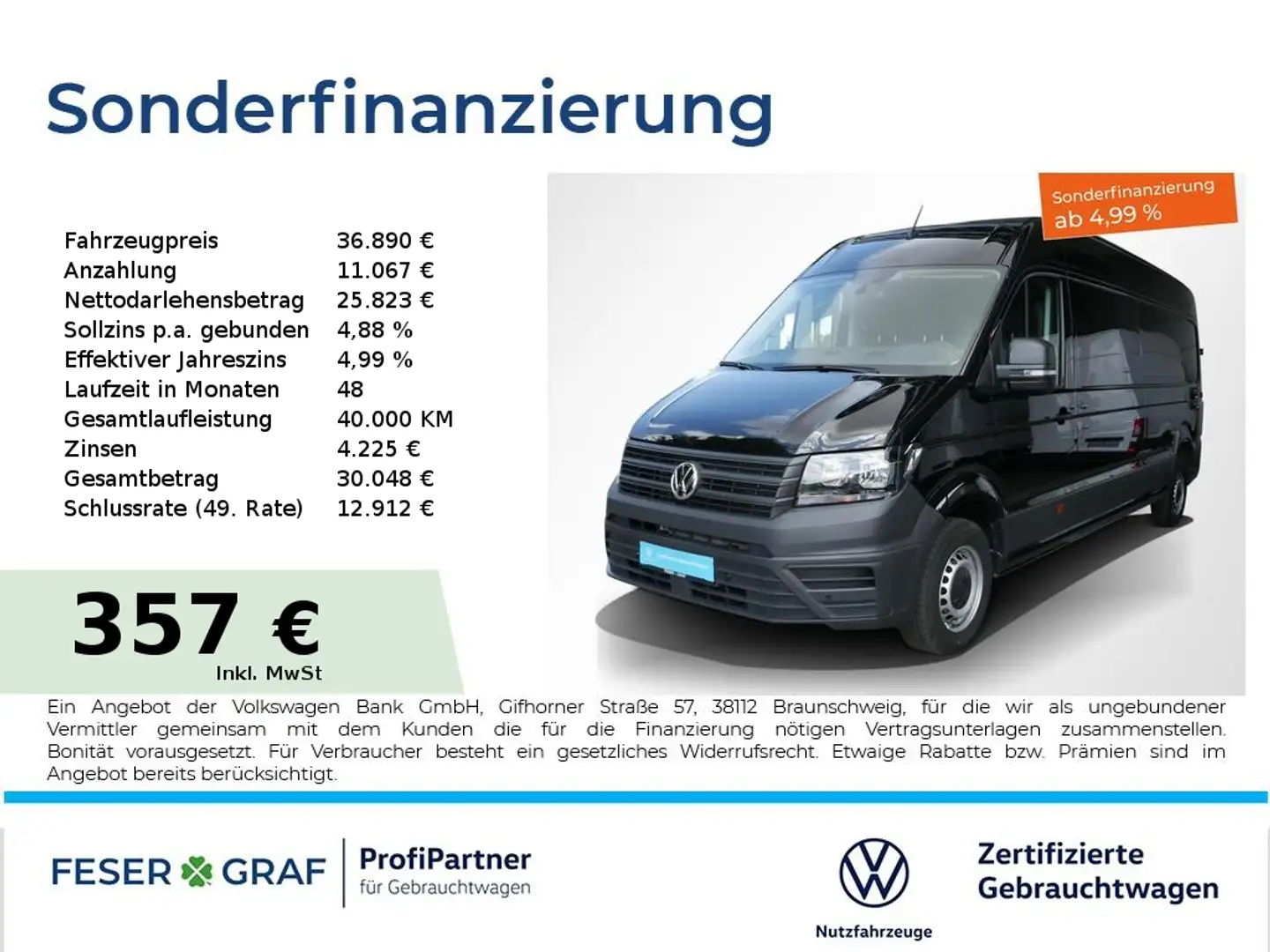 Volkswagen Crafter 2.0TDI Kasten LR Hochdach PDC Klimanalge Schwarz - 1
