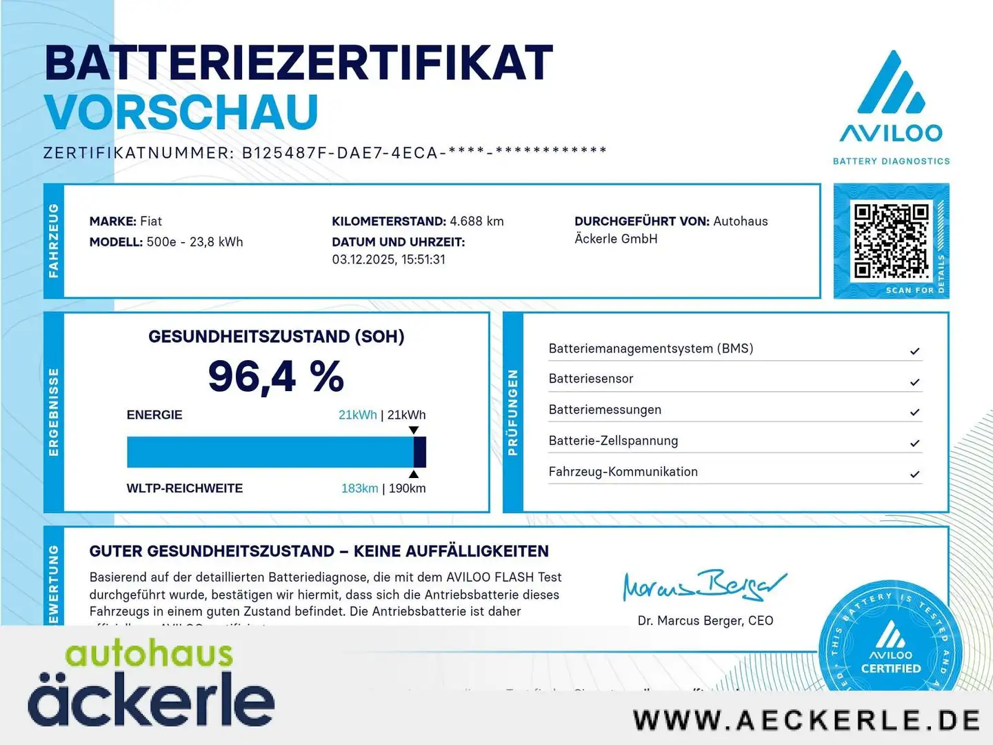 Fiat 500e 500 e Action I Batteriezertifikat I uvm. Weiß - 2