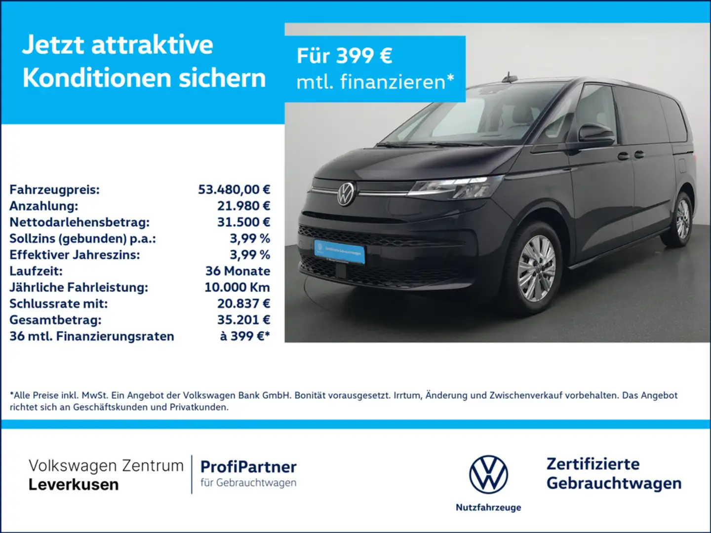 Volkswagen T7 Multivan Life NAVI VIRT SHZ KAM AHK LEDER LED Schwarz - 1