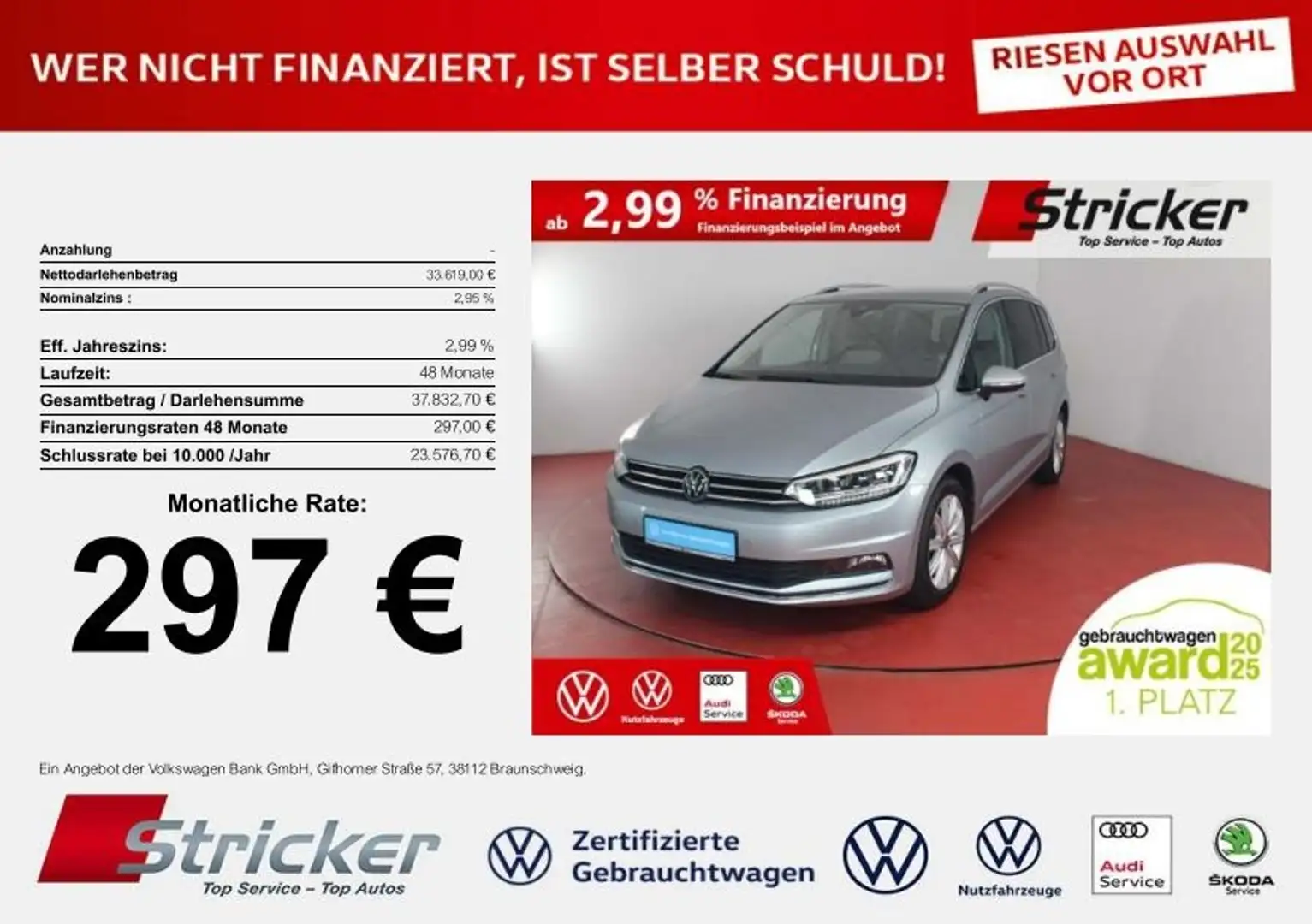 Volkswagen Touran Highline 2.0TDI DSG 297,-ohne Anzahlung Kamera AC Silber - 1