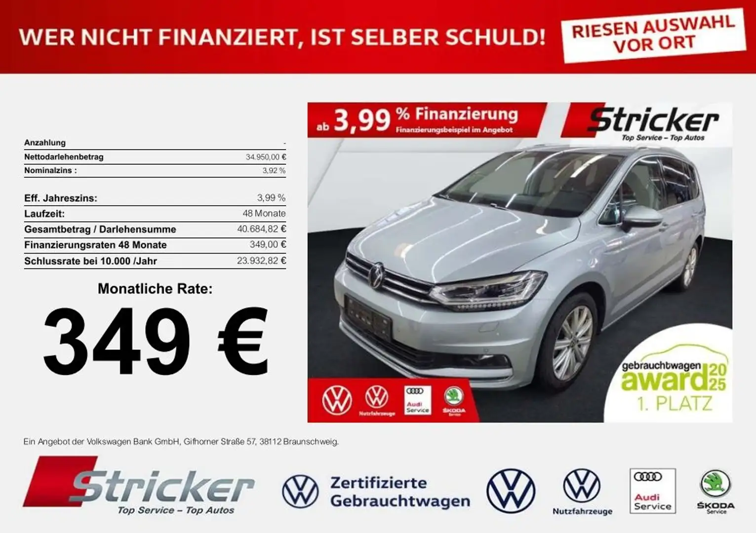 Volkswagen Touran Highline 2.0TDI DSG 349,-ohne Anzahlung Kamera AC Silber - 1