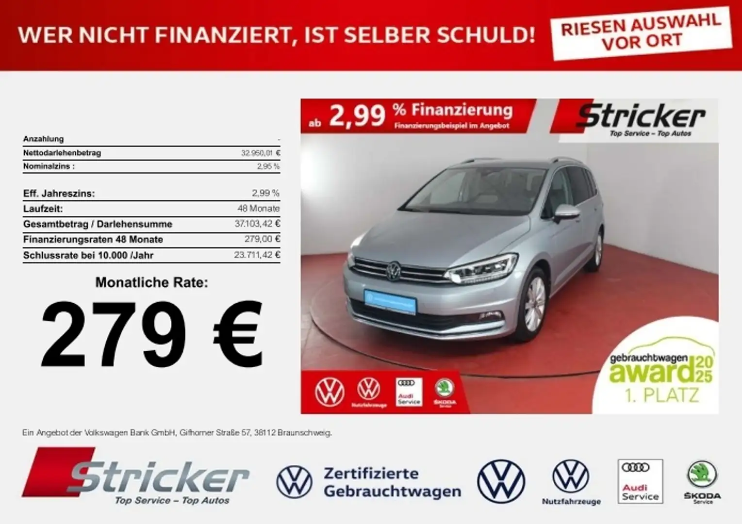 Volkswagen Touran Highline 2.0TDI DSG 279,-ohne Anzahlung Kamera AC Silber - 1