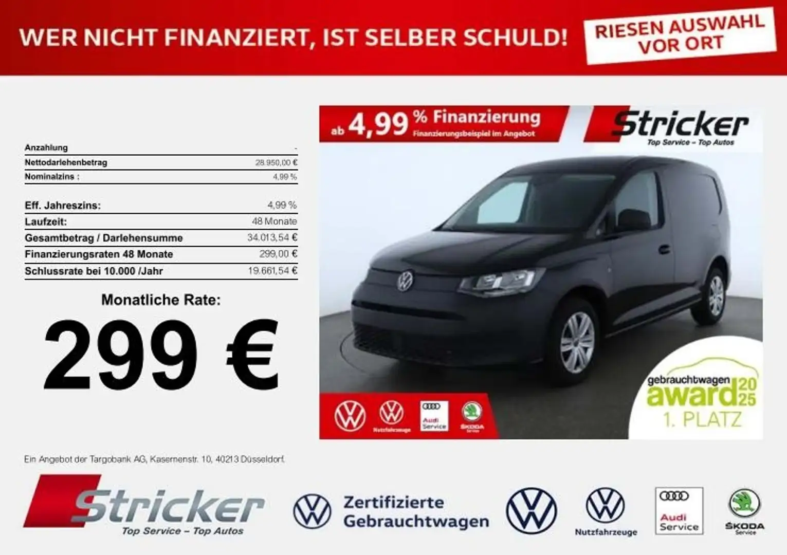 Volkswagen Caddy Cargo 2.0TDI DSG 299,-ohne Anzahlung Navi AHK Schwarz - 2