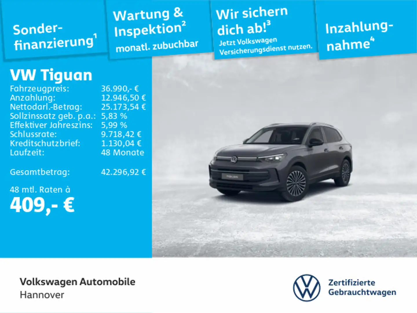 Volkswagen Tiguan 2.0 TDI DSG Goal Navi AHK LED Kamera ACC Grau - 1