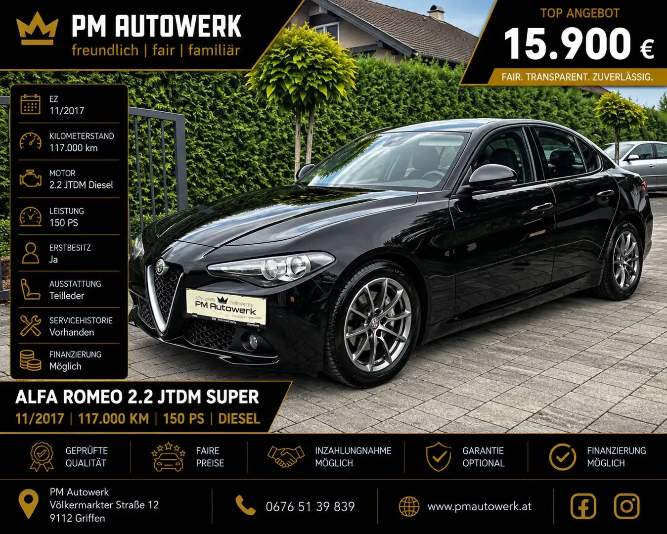 Alfa Romeo Giulia 2.2 JTDM Super *Erstbesitz*Teilleder* Schwarz - 1