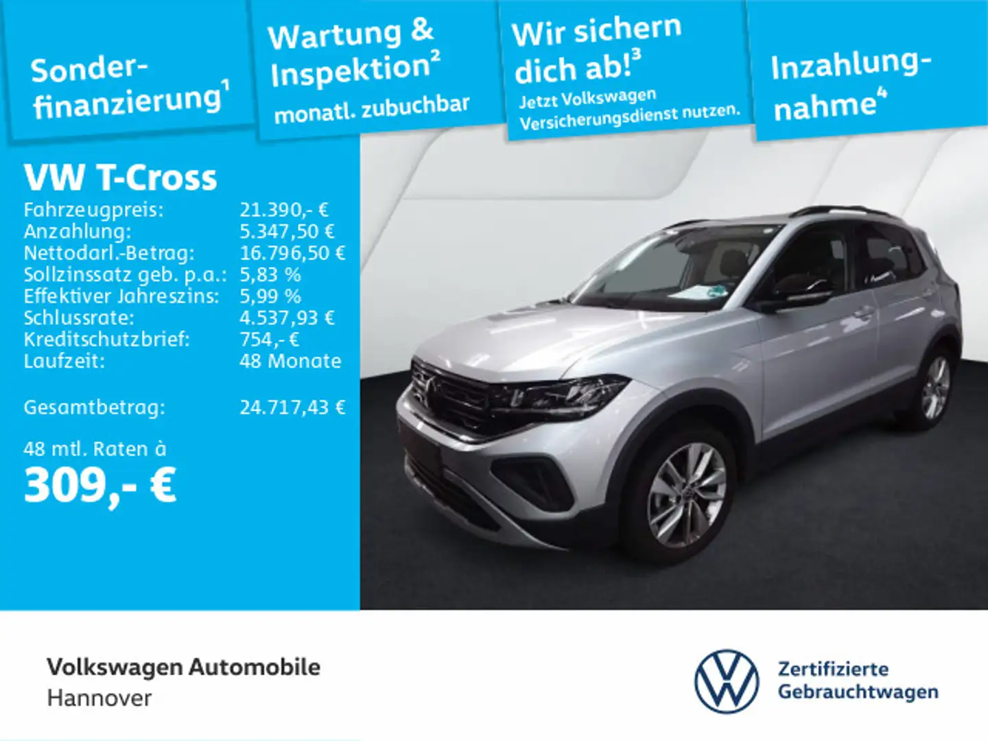 Volkswagen T-Cross 1.0 TSI Goal Navi ACC LED Dig.Cockpit SH Silber - 1