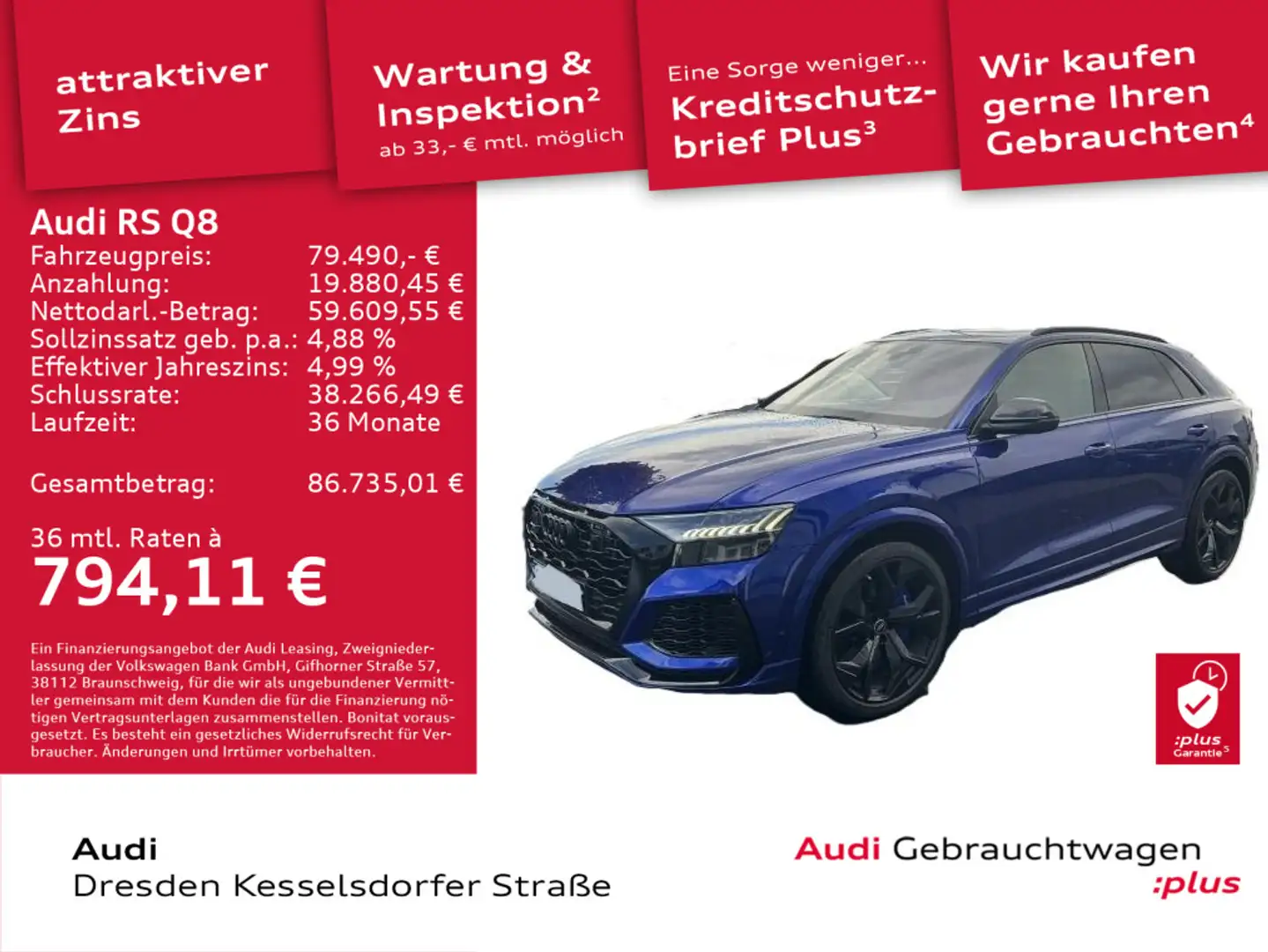 Audi RS Q8 4.0 TFSI Q. AHZV Kamera Navi HUD Pano Matr Blau - 1