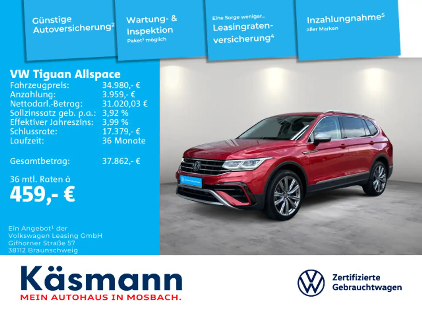 Volkswagen Tiguan Allspace Elegance 2.0TDI 4M AHK PANO HUD Rot - 1