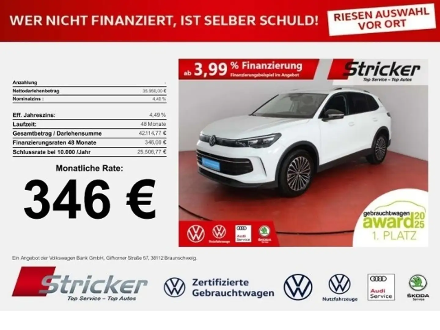 Volkswagen Tiguan GOAL 2.0TDI DSG 346,-ohne Anzahlung Navi AHK Kame Weiß - 1