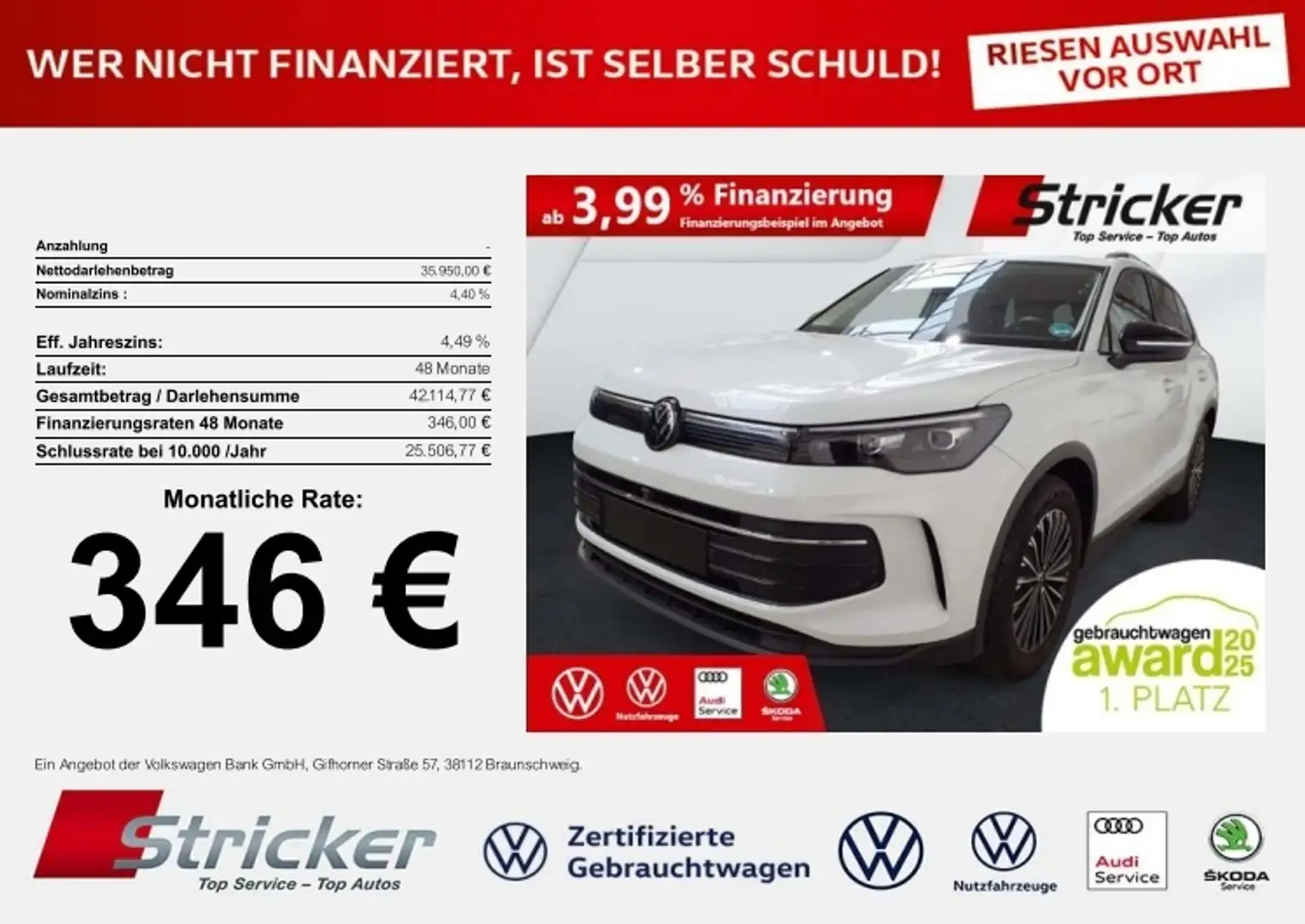 Volkswagen Tiguan GOAL 2.0TDI DSG 346,-ohne Anzahlung Navi AHK Kame Weiß - 1