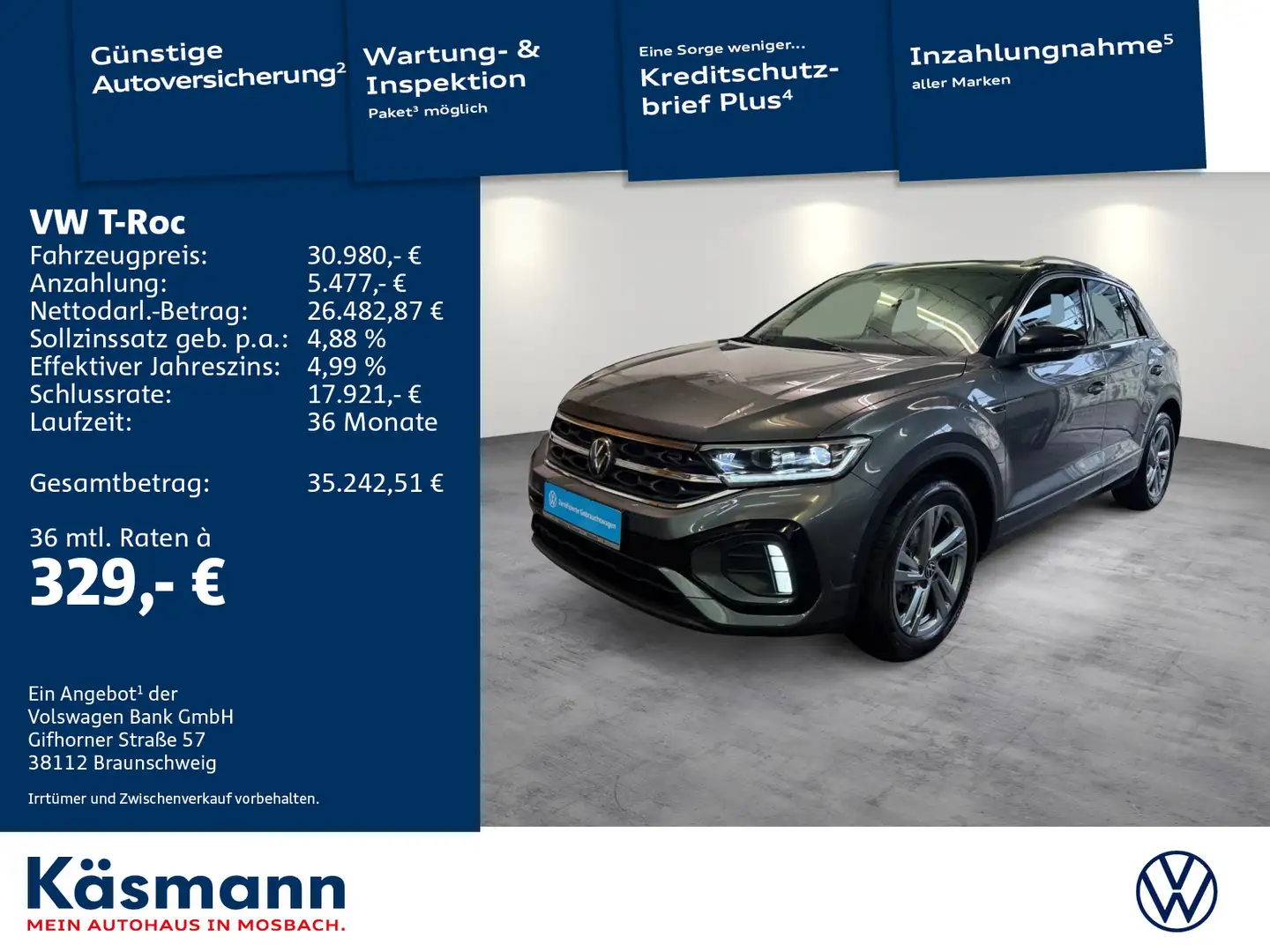 Volkswagen T-Roc R-Line 1.5TSI PANO KAM STDHZ APPCONN Grau - 1