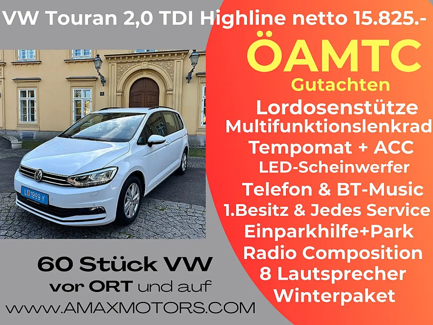 Volkswagen Touran Highline 2,0 TDI DSG *LED, ACC,  NAVI, Massages... Blanco - 1
