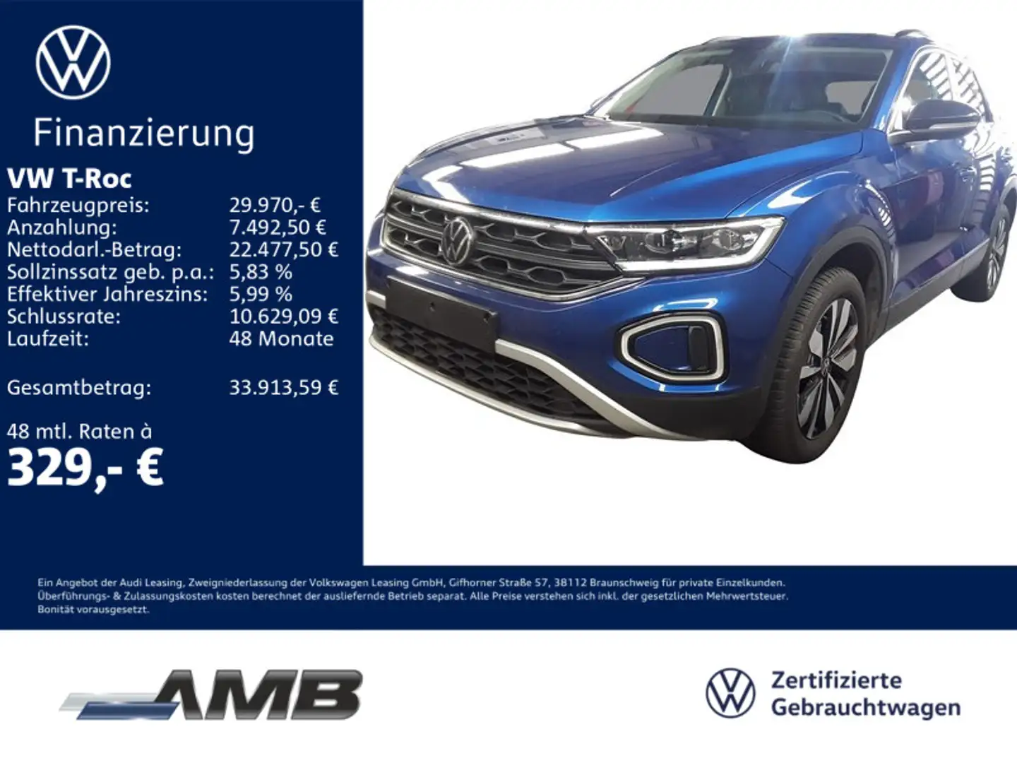 Volkswagen T-Roc Goal 1.5 TSI DSG/LED+/Standhz/RFK/04.30Gar Blau - 1