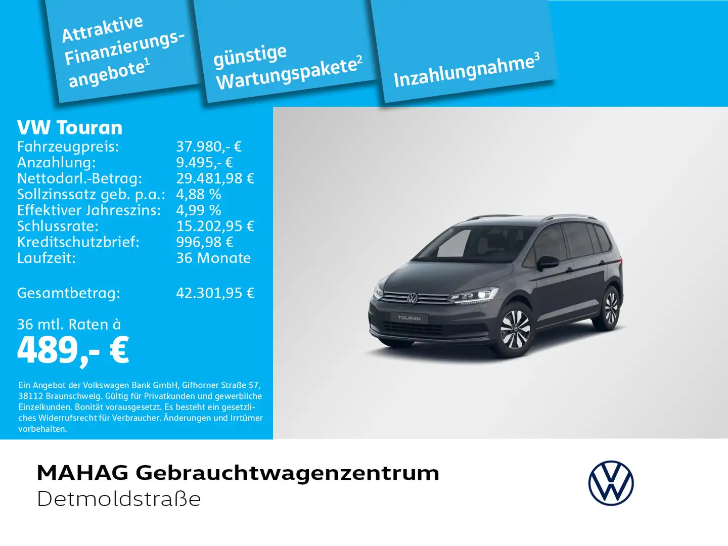 Volkswagen Touran 2.0 TDI GOAL 7-Sitzer AHK Navi IQ.Light Grau - 1