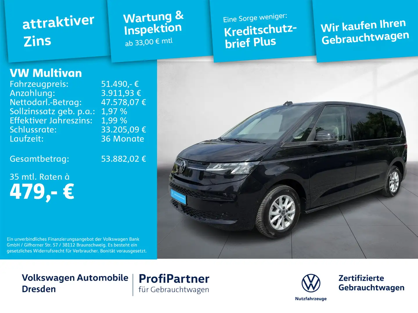 Volkswagen T7 Multivan T7 Multivan Life TDI LED NAV AHZC ACC SIDE 1,99% Schwarz - 1