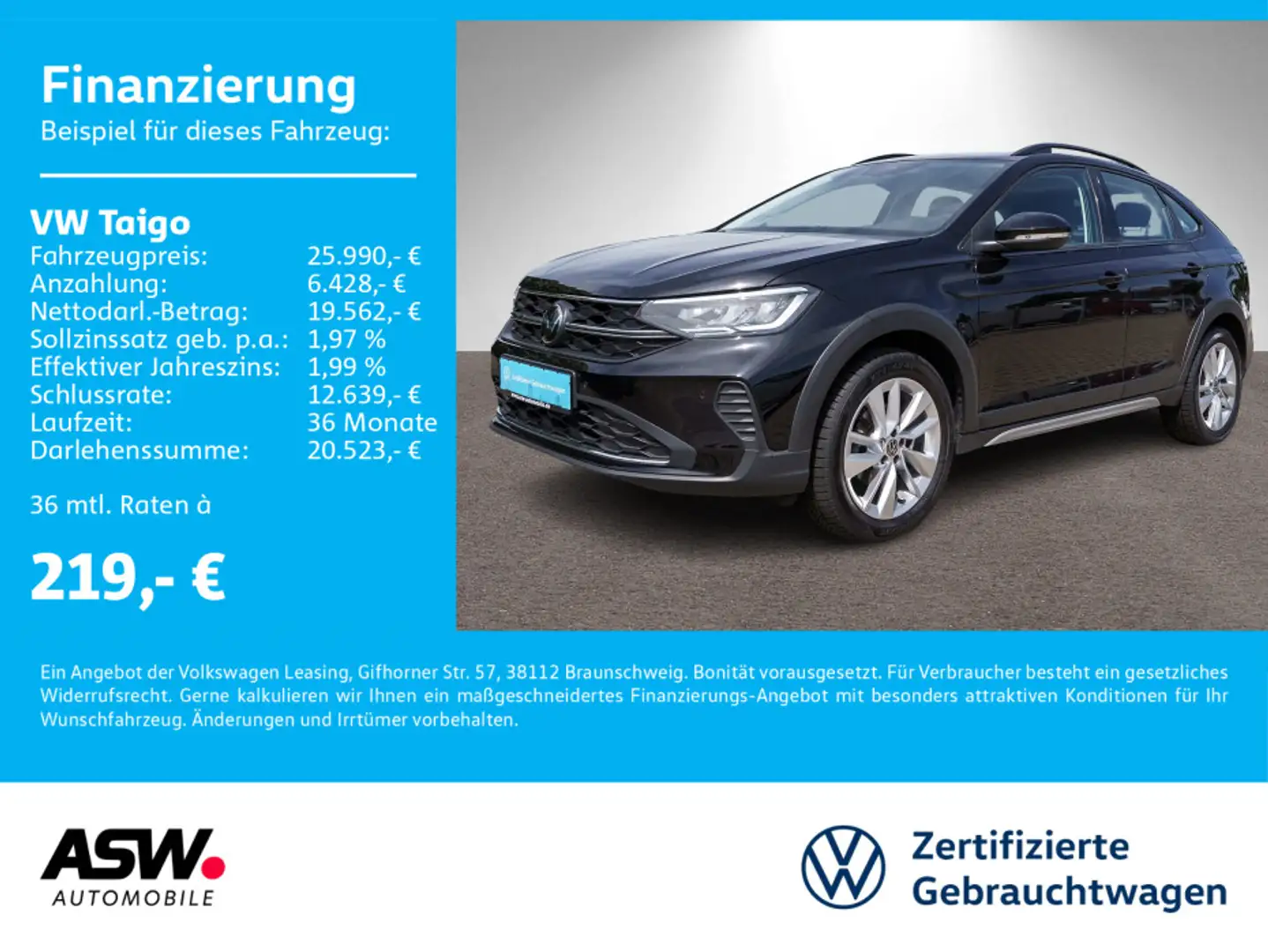 Volkswagen Taigo 1.0 TSI Navi LED PDC v/h ACC SHZ VC AHK Schwarz - 1