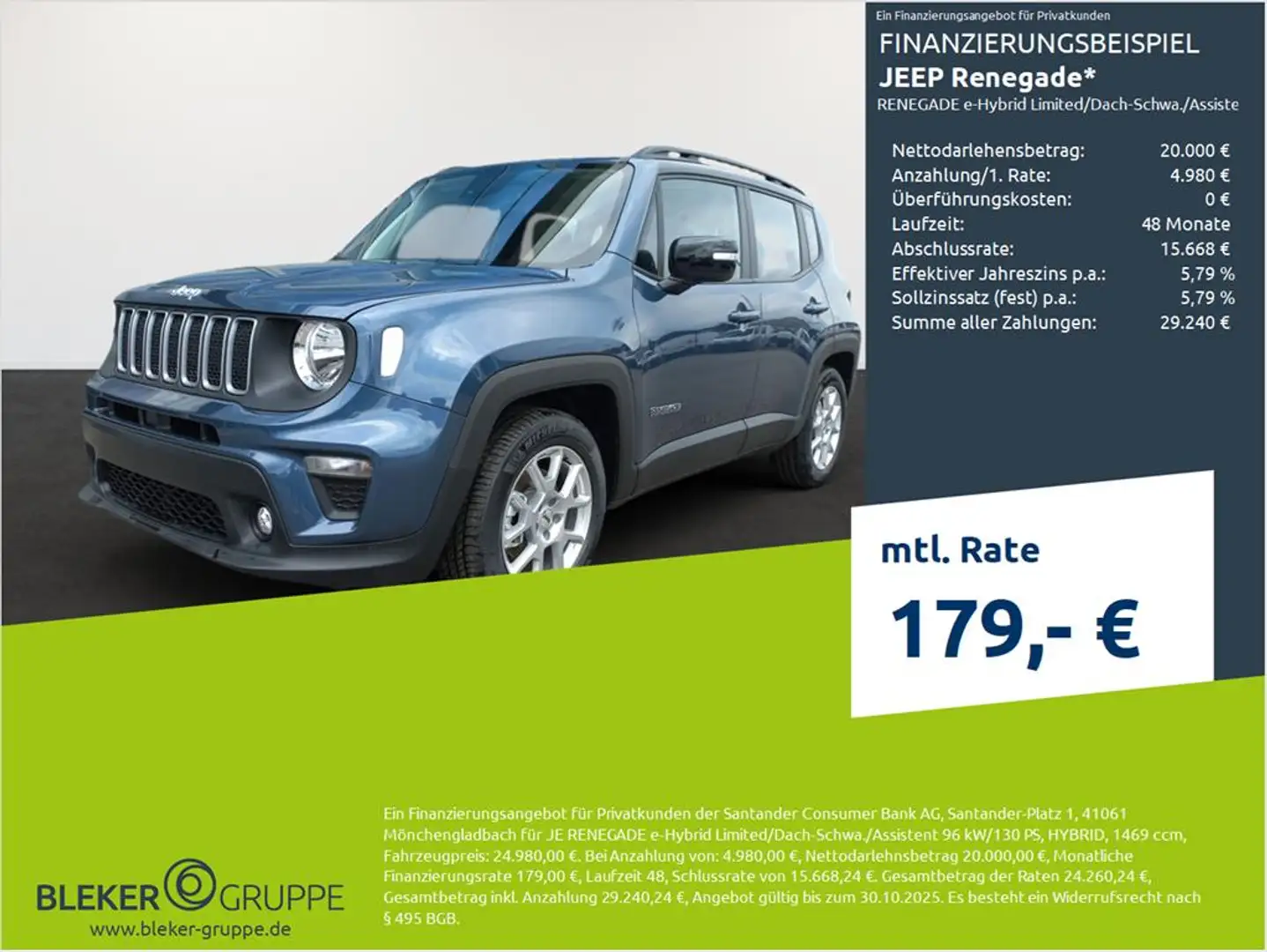 Jeep Renegade RENEGADE e-Hybrid Limited/Dach-Schwa./Assistent Bleu - 1