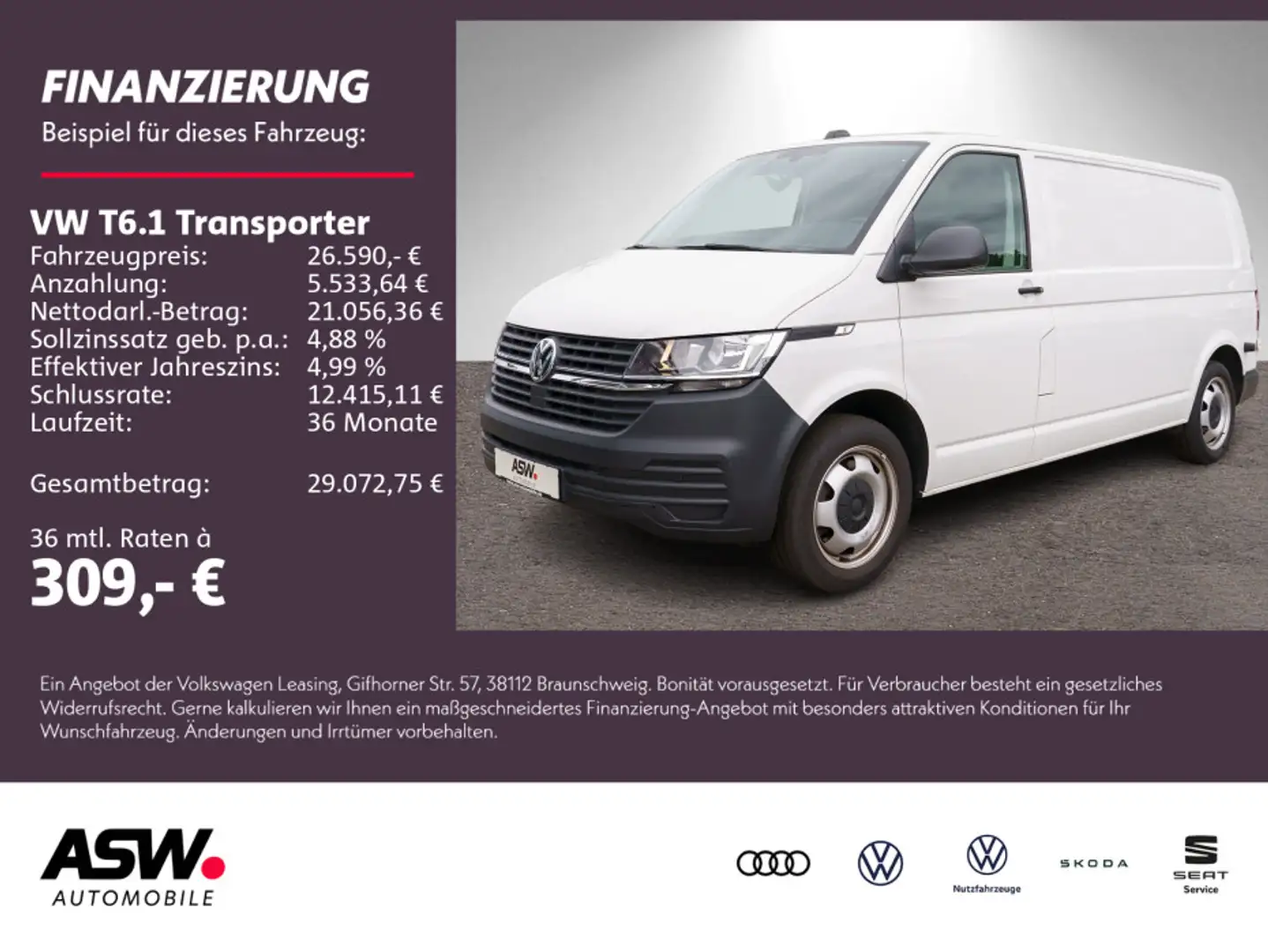 Volkswagen T6.1 Transporter Kasten 2.0TDI DSG Nav Klima PDC Weiß - 1