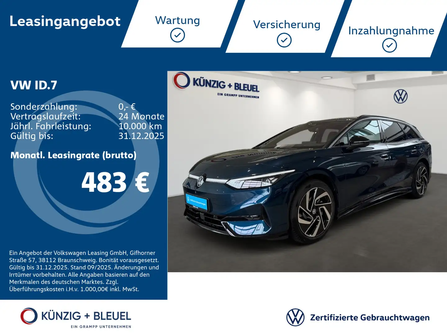 Volkswagen ID.7 Pro 286PS NAV*360°KAM*WÄRMEPUMPE*CARPLAY Blau - 1